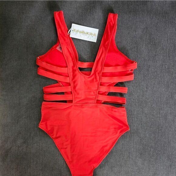 Tinibikini orange red strappy cut out one piece women's extra small XS swimsuit - Picture 2 of 11